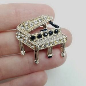 Vintage Rhinestone Grand Piano Brooch, Silver Tone and Black Instrument Pin